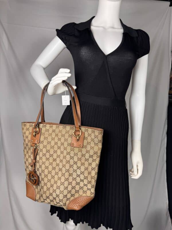 IMG_2774 Gucci Vintage Original GG Canvas Wooden Charm Tote Brown Leather