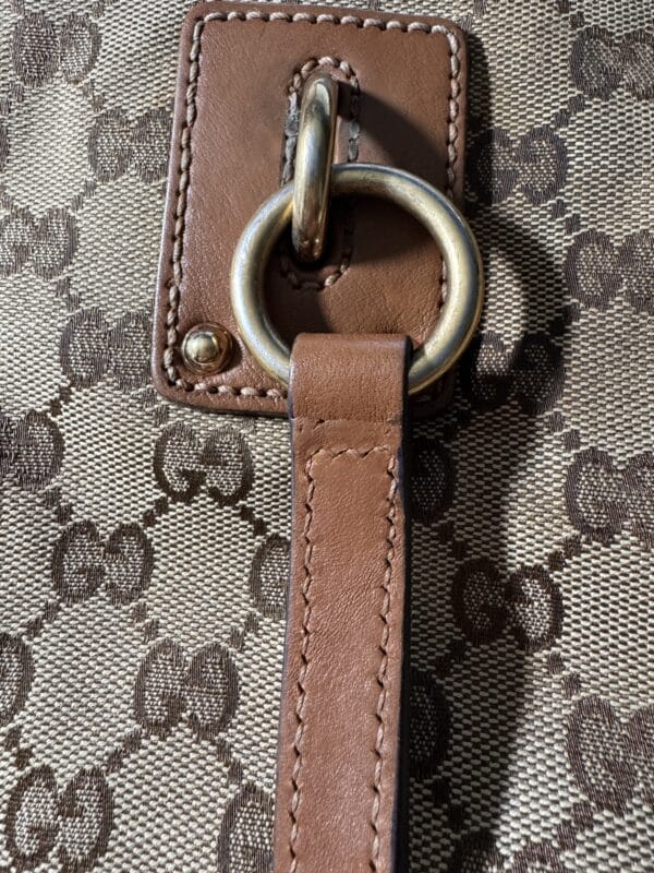 IMG_3636 Gucci Vintage Original GG Canvas Wooden Charm Tote Brown Leather