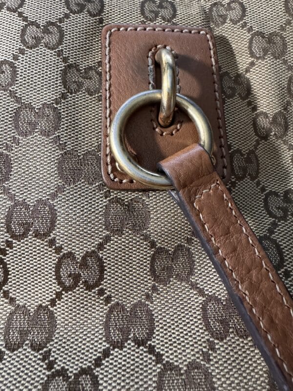 IMG_3637 Gucci Vintage Original GG Canvas Wooden Charm Tote Brown Leather
