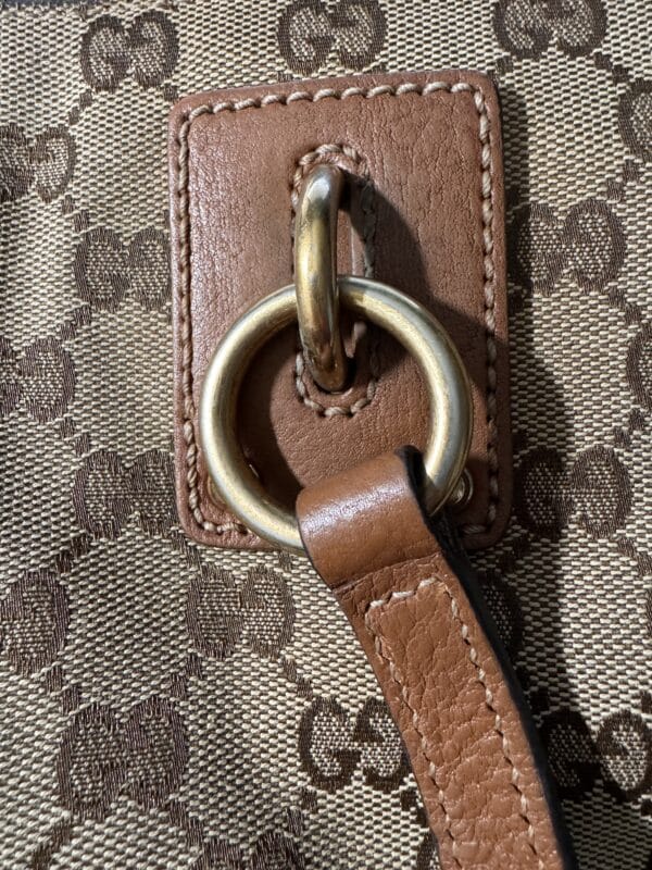 IMG_3638 Gucci Vintage Original GG Canvas Wooden Charm Tote Brown Leather