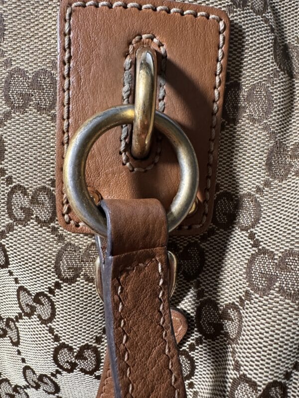 IMG_3639 Gucci Vintage Original GG Canvas Wooden Charm Tote Brown Leather