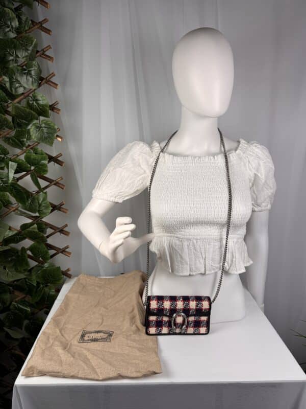 Gucci Dionysus Small Red Blue Ivory Tweed Black Leather Chain Bag