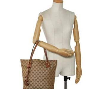 Gucci Vintage Original GG Canvas Wooden Charm Tote Brown Leather