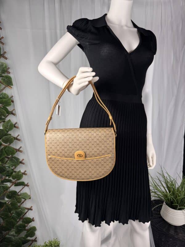 Vintage Gucci Micro GG Saddle Shoulder Bag Brown Tan Leather Gold Hardware