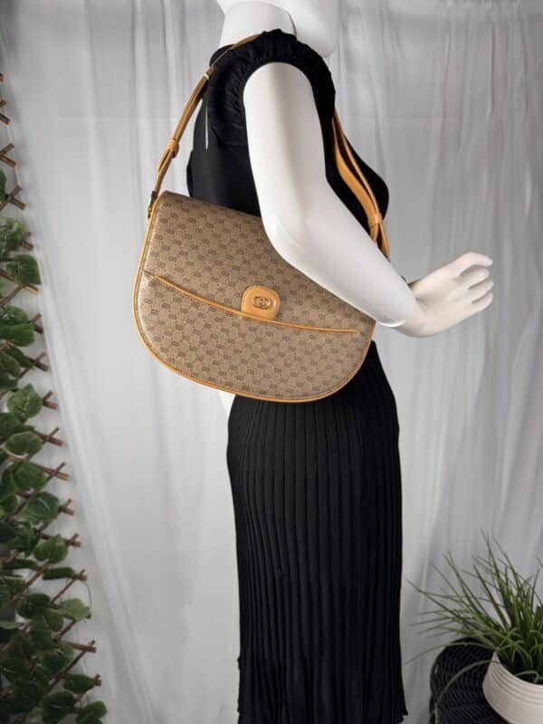 Vintage Gucci Micro GG Saddle Shoulder Bag Brown Tan Leather Gold Hardware