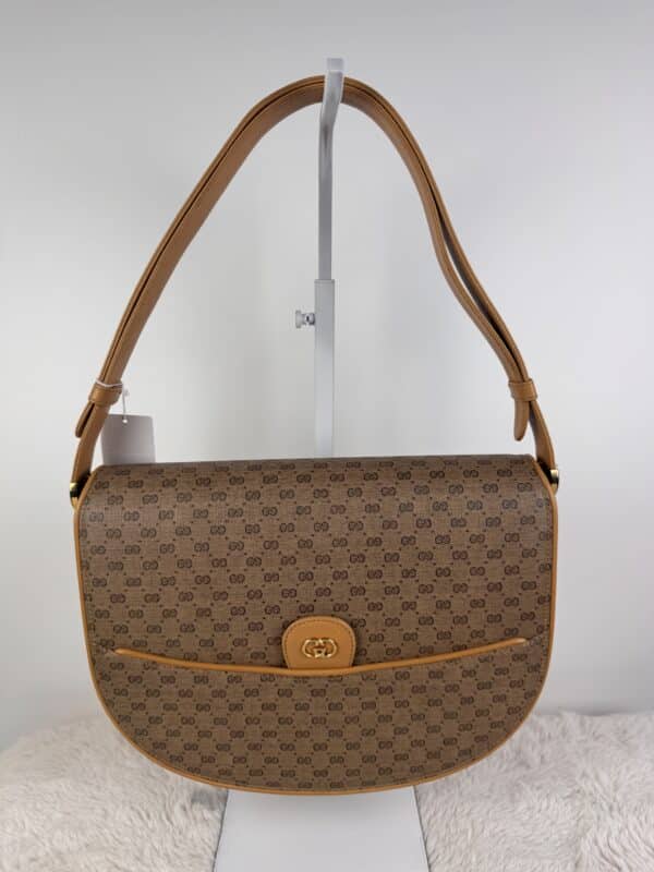 Vintage Gucci Micro GG Saddle Shoulder Bag Brown Tan Leather Gold Hardware