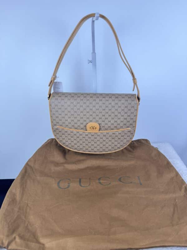 2026-05-12 17.54.04 Vintage Gucci Micro GG Saddle Shoulder Bag Brown Tan Leather Gold Hardware