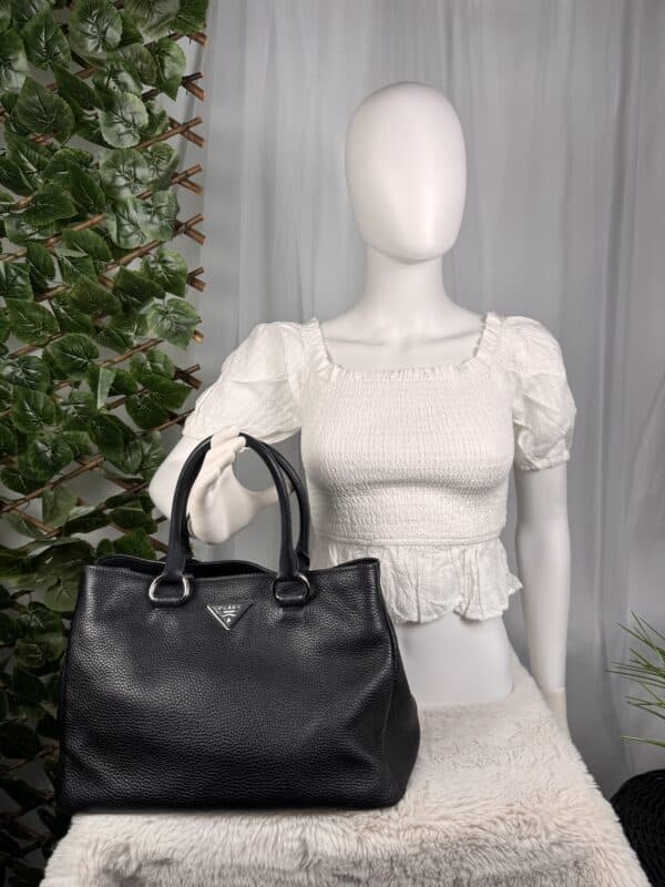 IMG_6122 Prada Black Vitello Danio Leather Top Handle Satchel Bag Nero Silver hardware