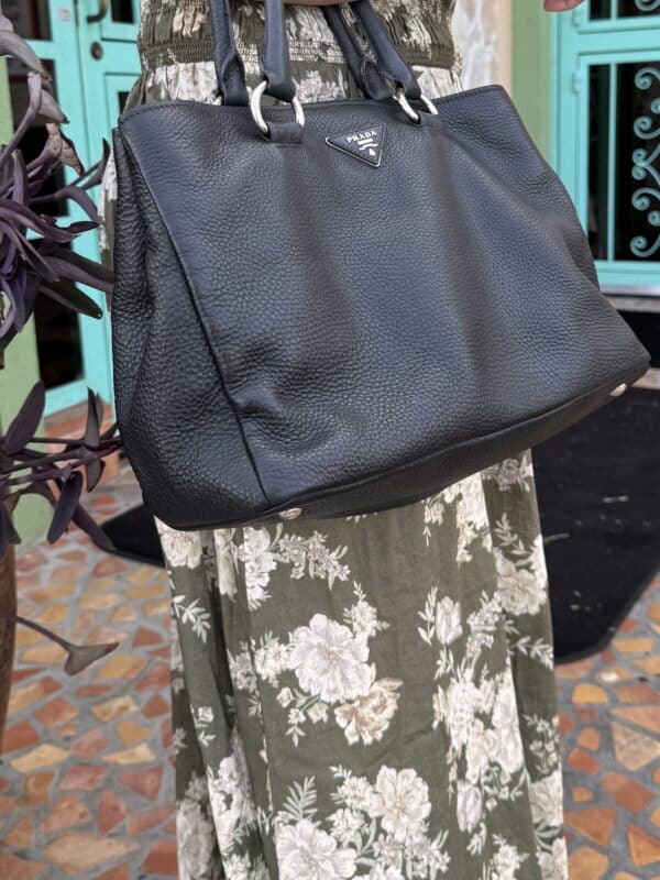IMG_7257 Prada Black Vitello Danio Leather Top Handle Satchel Bag Nero Silver hardware