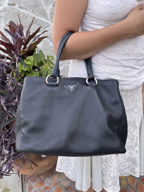 IMG_7261 Prada Black Vitello Danio Leather Top Handle Satchel Bag Nero Silver hardware