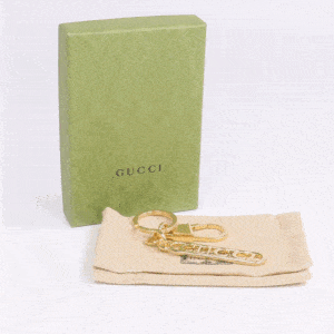 Gucci Script Logo Keychain Bag Charm Gold Brass 773969 Box Dust Bag