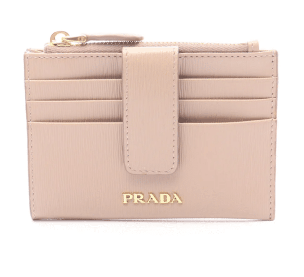 Screenshot 2026-02-10 161941 Prada Beige Textured Leather Card Holder Zip Coin Case Gold Logo