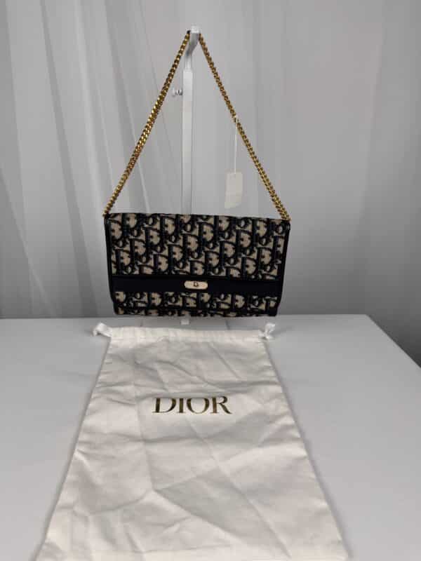 IMG_7186 Vintage Christian Dior Oblique Trotter Chain Shoulder Bag Navy Beige