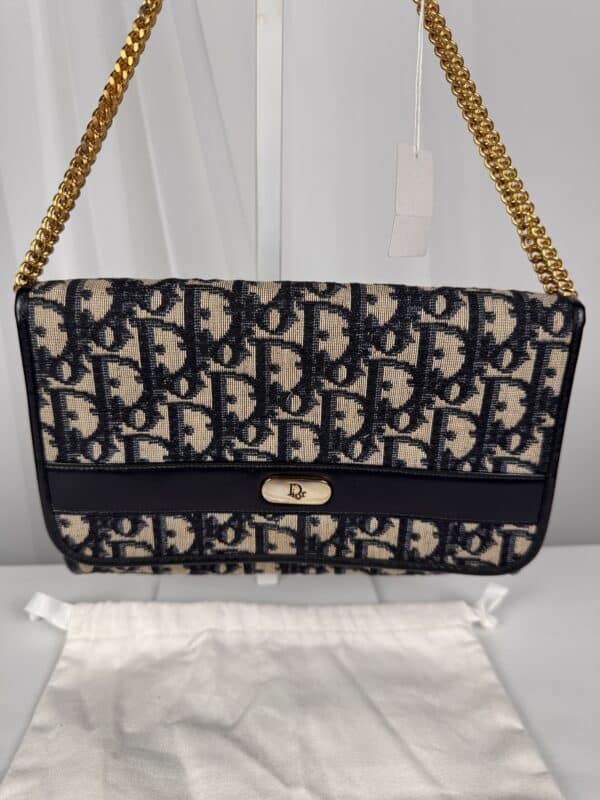 IMG_7187 Vintage Christian Dior Oblique Trotter Chain Shoulder Bag Navy Beige
