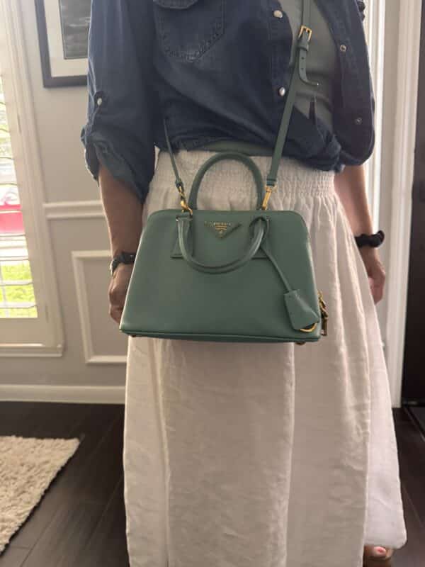 IMG_7316 Prada Saffiano Lux Dusty Teal / Turquoise Leather Small Dome Satchel Crossbody Bag Gold Hardware