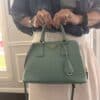 IMG_7318 Prada Saffiano Lux Dusty Teal / Turquoise Leather Small Dome Satchel Crossbody Bag Gold Hardware