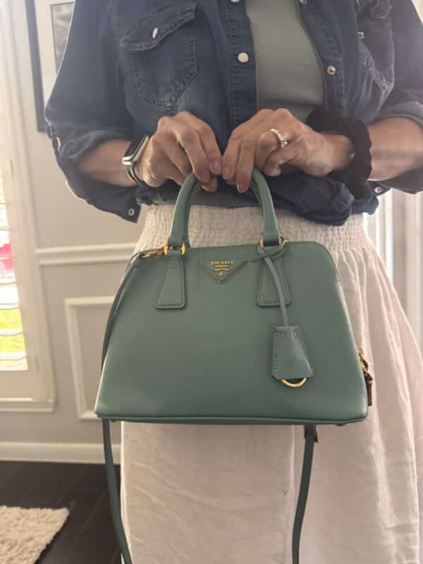IMG_7318 Prada Saffiano Lux Dusty Teal / Turquoise Leather Small Dome Satchel Crossbody Bag Gold Hardware