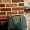 IMG_7346 Prada Saffiano Lux Dusty Teal / Turquoise Leather Small Dome Satchel Crossbody Bag Gold Hardware