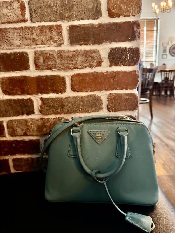 IMG_7346 Prada Saffiano Lux Dusty Teal / Turquoise Leather Small Dome Satchel Crossbody Bag Gold Hardware