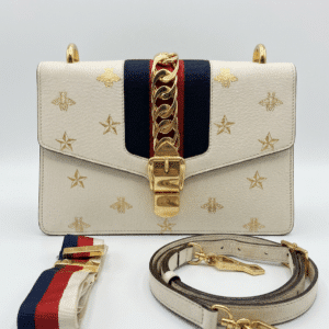 Gucci Sylvie Bee Star Ivory Leather Shoulder Bag 524405 Two Straps