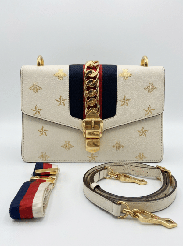 make_background_white-0 Gucci Sylvie Bee Star Ivory Leather Shoulder Bag 524405 Two Straps