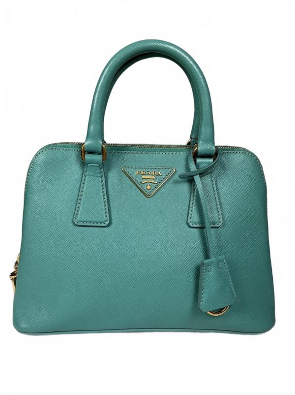 p1-11.jpg Prada Saffiano Lux Dusty Teal / Turquoise Leather Small Dome Satchel Crossbody Bag Gold Hardware