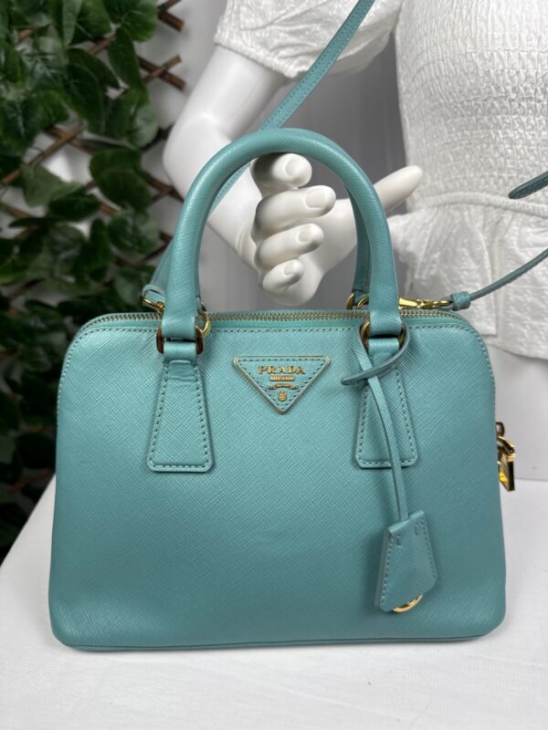 p1-12.jpg Prada Saffiano Lux Dusty Teal / Turquoise Leather Small Dome Satchel Crossbody Bag Gold Hardware