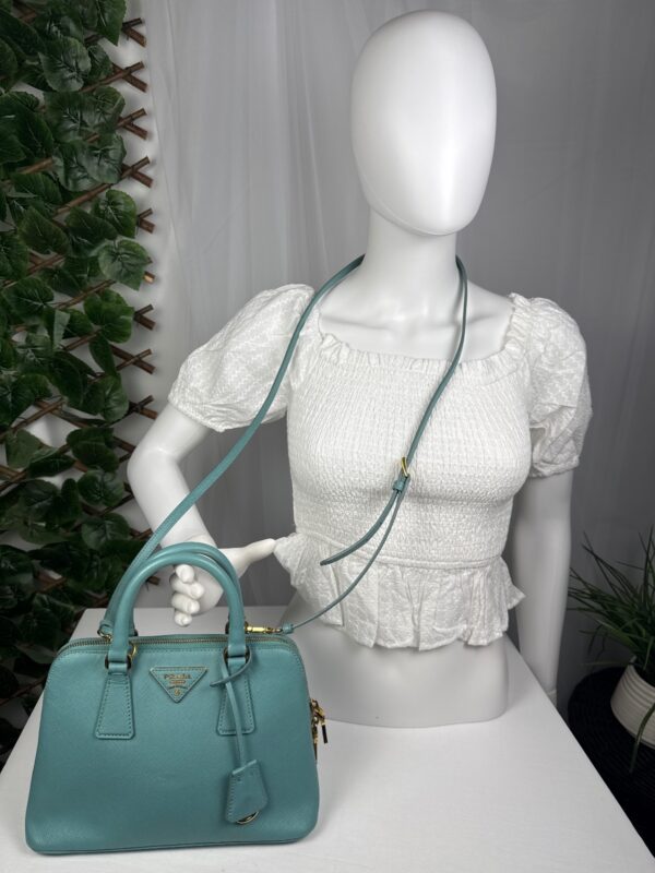 p1-14.jpg Prada Saffiano Lux Dusty Teal / Turquoise Leather Small Dome Satchel Crossbody Bag Gold Hardware