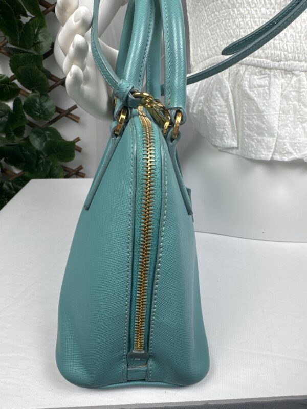 p1-15.jpg Prada Saffiano Lux Dusty Teal / Turquoise Leather Small Dome Satchel Crossbody Bag Gold Hardware