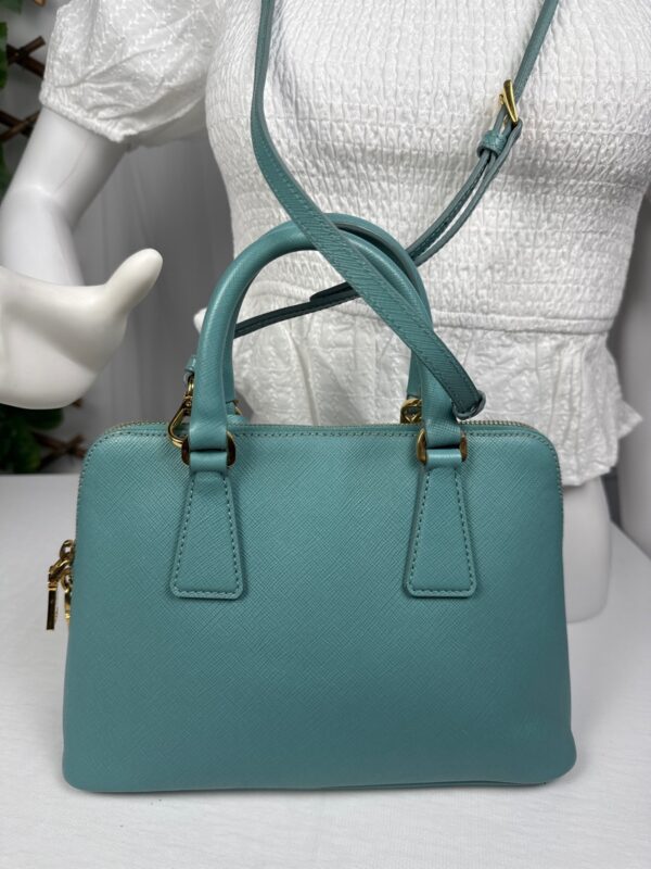 p1-16.jpg Prada Saffiano Lux Dusty Teal / Turquoise Leather Small Dome Satchel Crossbody Bag Gold Hardware