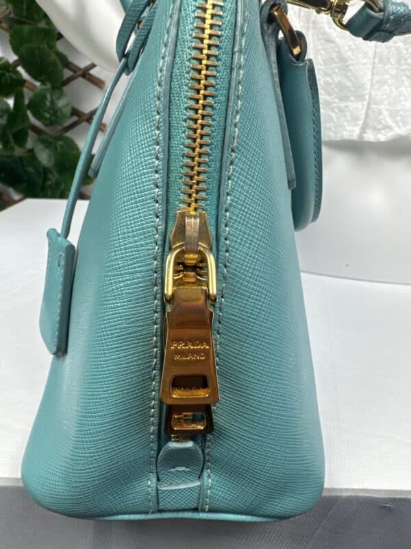 p1-17.jpg Prada Saffiano Lux Dusty Teal / Turquoise Leather Small Dome Satchel Crossbody Bag Gold Hardware