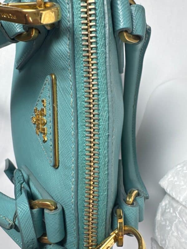 p1-18.jpg Prada Saffiano Lux Dusty Teal / Turquoise Leather Small Dome Satchel Crossbody Bag Gold Hardware
