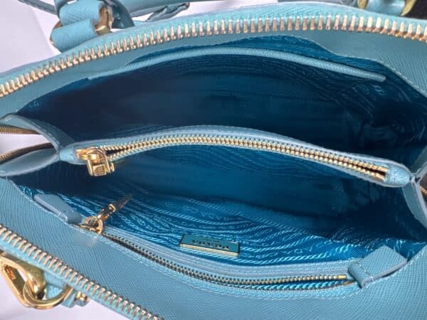 p1-19.jpg Prada Saffiano Lux Dusty Teal / Turquoise Leather Small Dome Satchel Crossbody Bag Gold Hardware
