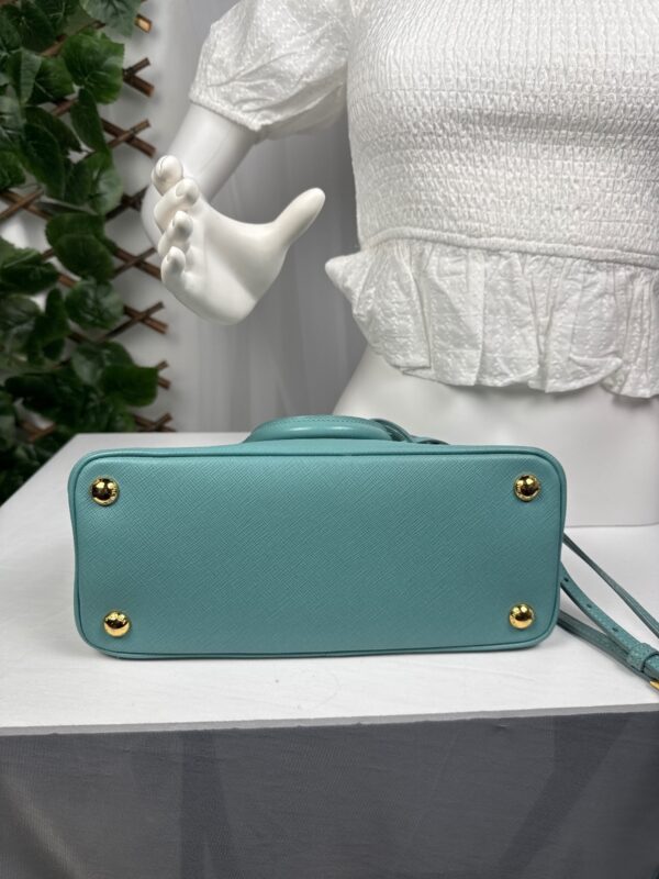 p1-22.jpg Prada Saffiano Lux Dusty Teal / Turquoise Leather Small Dome Satchel Crossbody Bag Gold Hardware