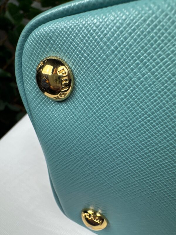 p1-23.jpg Prada Saffiano Lux Dusty Teal / Turquoise Leather Small Dome Satchel Crossbody Bag Gold Hardware