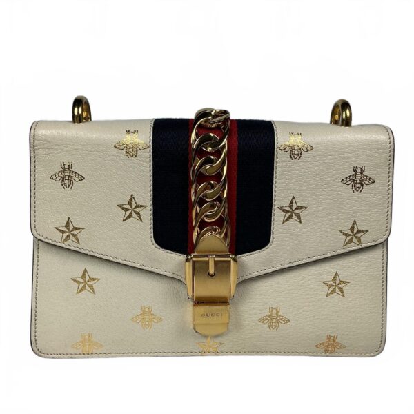p1-26.jpg Gucci Sylvie Bee Star Ivory Leather Shoulder Bag 524405 Two Straps