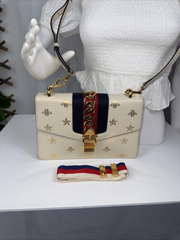 p1-27.jpg Gucci Sylvie Bee Star Ivory Leather Shoulder Bag 524405 Two Straps