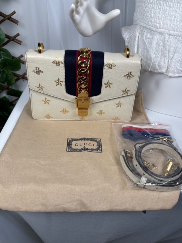 p1-30.jpg Gucci Sylvie Bee Star Ivory Leather Shoulder Bag 524405 Two Straps