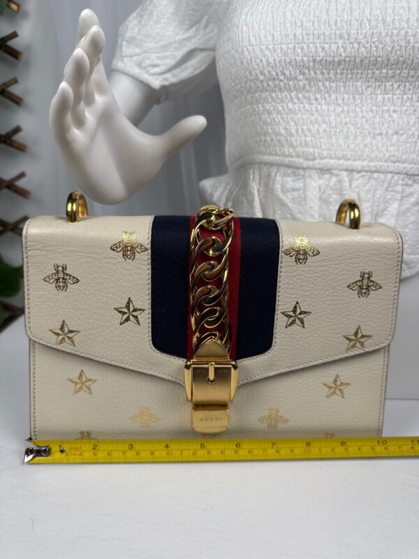p1-31.jpg Gucci Sylvie Bee Star Ivory Leather Shoulder Bag 524405 Two Straps