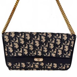 Vintage Christian Dior Oblique Trotter Chain Shoulder Bag Navy Beige
