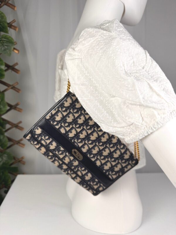 Vintage Christian Dior Oblique Trotter Chain Shoulder Bag Navy Beige
