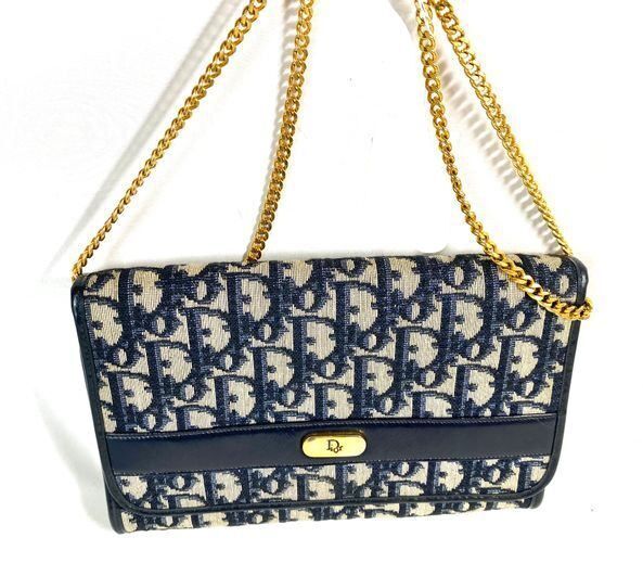 p1-336.jpg Vintage Christian Dior Oblique Trotter Chain Shoulder Bag Navy Beige