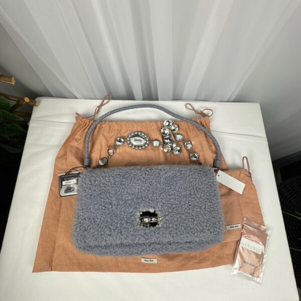 p1-351.jpg Miu Miu Crystal Light Blue Shearling Fur Shoulder Bag 5BD233 Two Straps