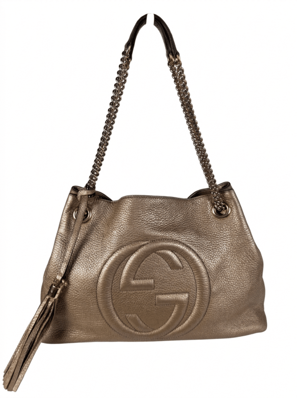 gold gucci soho main Gucci Soho Medium Metallic Champagne Gold Chain Shoulder Tote 308982