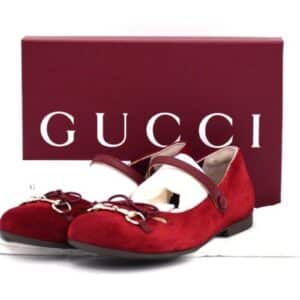 Gucci Girls Red Suede Horsebit Bow Mary Jane Flats EU 33 New Box