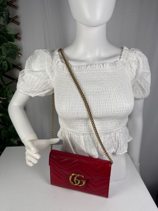 Gucci GG Marmont Red Matelassé Leather Wallet on Chain
