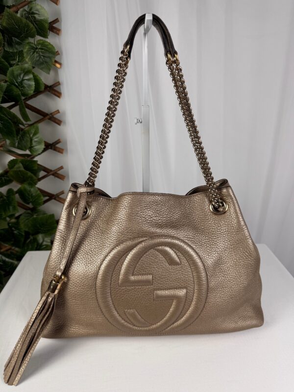 Gucci Soho Medium Metallic Champagne Gold Chain Shoulder Tote 308982