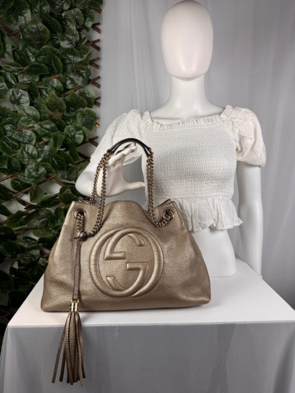 Gucci Soho Medium Metallic Champagne Gold Chain Shoulder Tote 308982