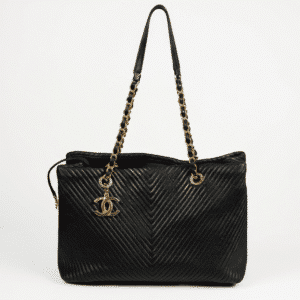 Chanel Surpique Chevron Calfskin CC Charm Black Leather Large Shopping Tote