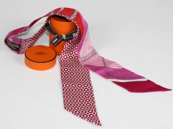 IMG_9886 Hermès Twilly Silk Scarf – Pink, Red & Purple Geometric Equestrian Print